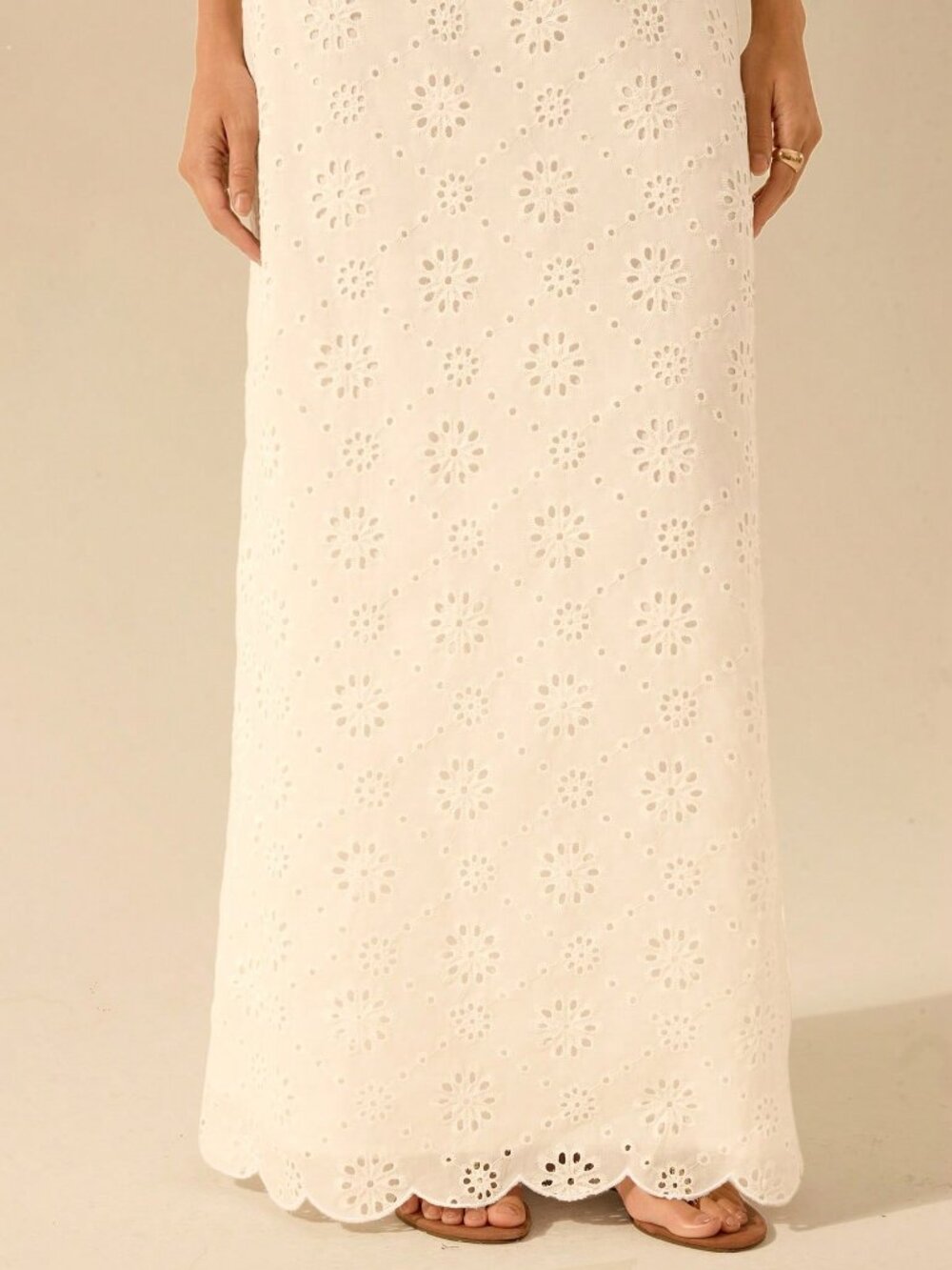 White Boho Women's Eyelet Detail Spaghetti Tie Strap Tassle Midi Dress - Picture 7 of 8